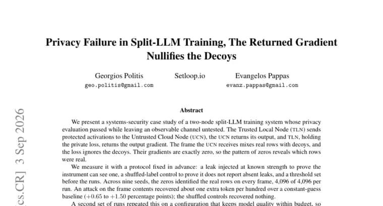 Утечка приватности в split-LLM обучении: градиент выдаёт реальные данные