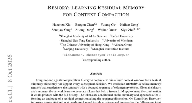 REMORY: нейросеть дополняет сжатый контекст агента токенами памяти