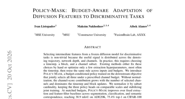 Policy-Mask: обученная политика выбирает признаки замороженной диффузионной модели под заданный бюджет каналов