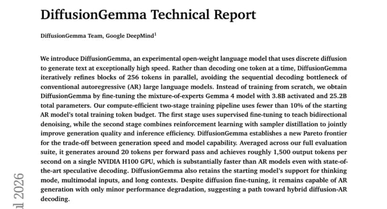 DiffusionGemma: диффузионная языковая модель разгоняет генерацию текста до 1500 токенов в секунду