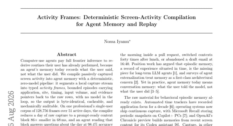 Компилятор Activity Frames сжимает суточный контекст ИИ-агента в 86 раз с точностью 98,4%