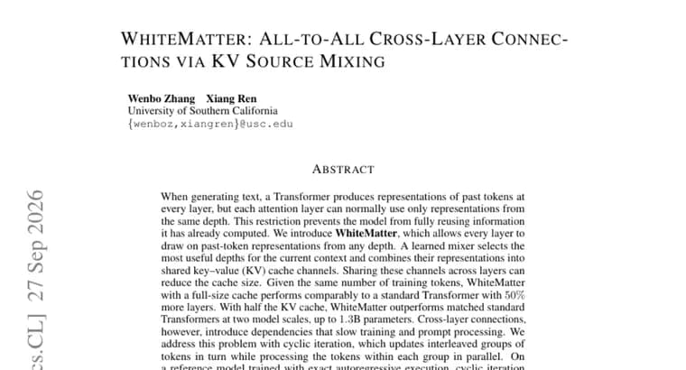 Предложена архитектура WhiteMatter: слои трансформера видят кеш любой глубины
