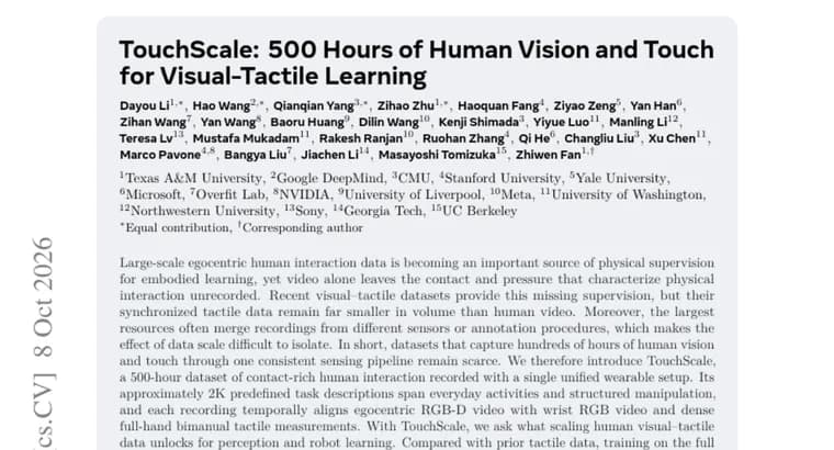 Представлен TouchScale: 500 часов данных о зрении и осязании человека для обучения роботов
